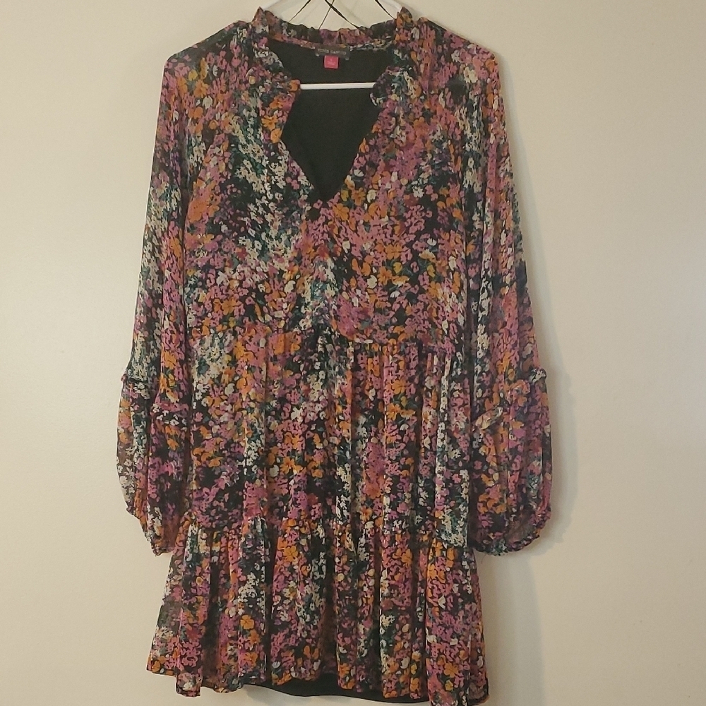 Vince Camuto Floral Babydoll Mini Dress Size Large Sheer Longsleeve Split V-Neck